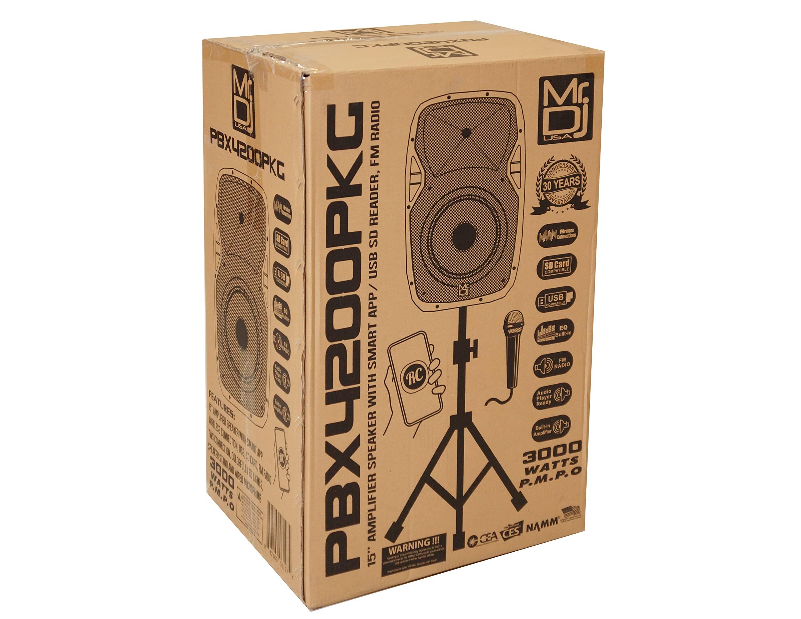 Mr. Dj Mr. Dj PBX-4200PKG 15" Powered PA DJ Speaker 2-Way Full Range Portable PA Speaker System Combo Set with Stands/Illuminating Light/Microphone/EQ/USB/Bluetooth