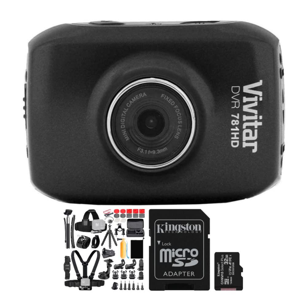 Vivitar Vivitar DVR781HD HD Action Cam with LCD Rear Screen and Waterproof Case (Black) Bundle with 50-In-1 Action Camera Accessory Kit (Compatible with GoPro) and 32GB MicroSD Card Bundle (3 Items)
