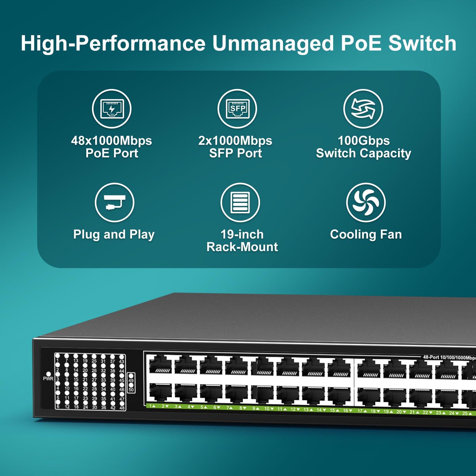 VIMIN 48-Port Gigabit PoE Switch Unmanaged with 2X 1000Mbps Uplink SFP Port, VIMIN 50-Port PoE Ethernet Switch Support IEEE802.3af/at, 400W Power, 100Gbps Switch CapacityPlug and Play, Rack-Mount