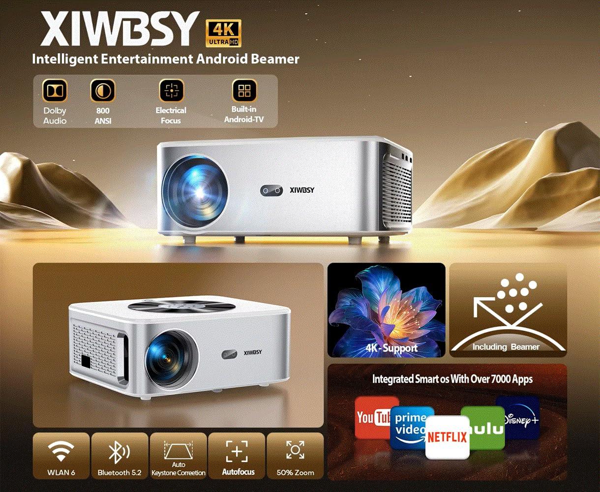 DirectNine Basics 8k 25000 Lumens 800ANSI Full HD 3D Android Projector with Auto Focus/Keystone LED Projector for Home Cinema Projectors