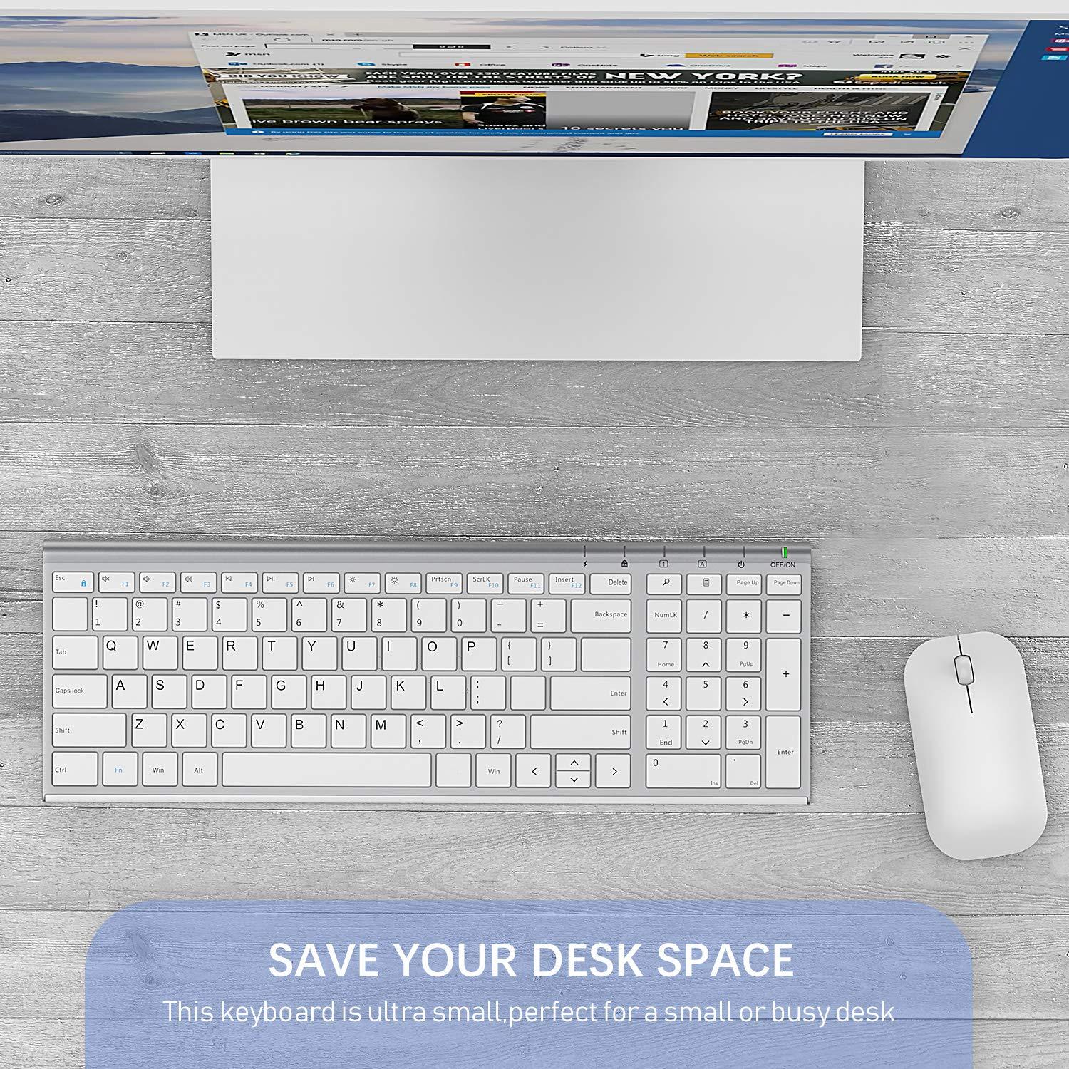 seenda seenda Rechargeable Wireless Keyboard Mouse, Ultra Thin Low Profile Wireless Keyboard and Mouse with Number Pad, Quiet Portable Combo Compatible for Windows XP/7/8/10/11/11 Pro, Silver White