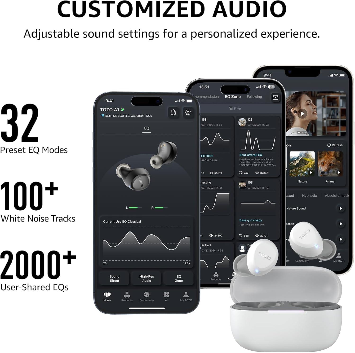 TOZO TOZO A1 2024 New Upgraded Wireless Earbuds, Bluetooth 5.3 in Ear Headphones Light-Weight, Support APP EQ Setting, Stereo Sound Headset Longer Playback with Charging Case Waterproof, White
