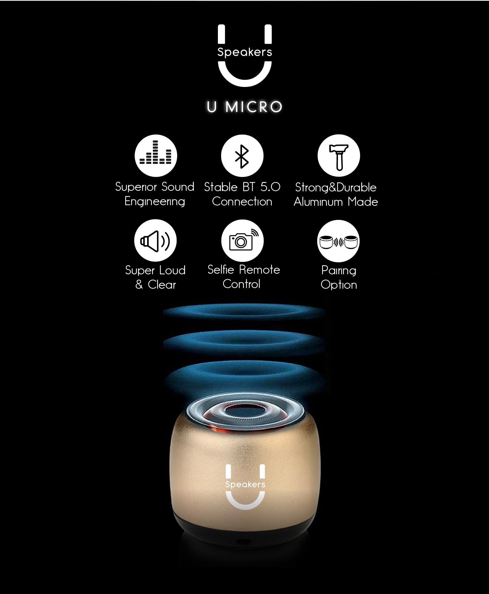 Fashionit Fashionit U Micro Speaker | Stylish Portable Wireless Bluetooth 5.0 with Built-in Mic & Remote Shutter | Perfect Little Speaker for Home, Parties, Travel! Small Device, Rich Sound | Mirror Gold