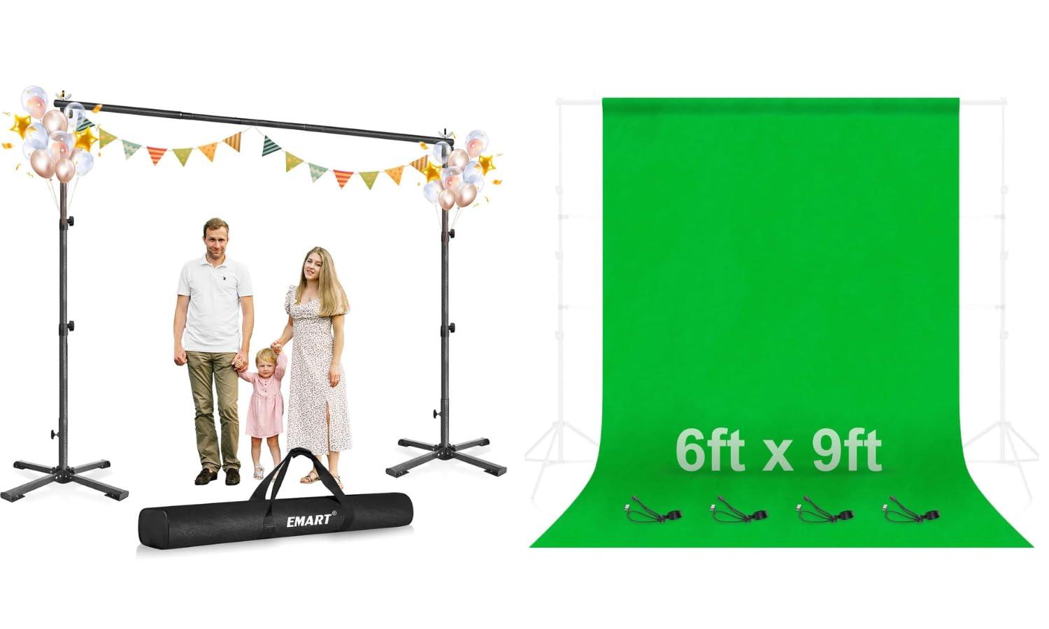 EMART EMART Green Screen Backdrop, 6 x 9 FT Photography Greenscreen Background, 8.5x10ft Backdrop Stand, Four-Legged Photo Backdrop Stand Kit with Foldable Cross Base for Streaming Zoom