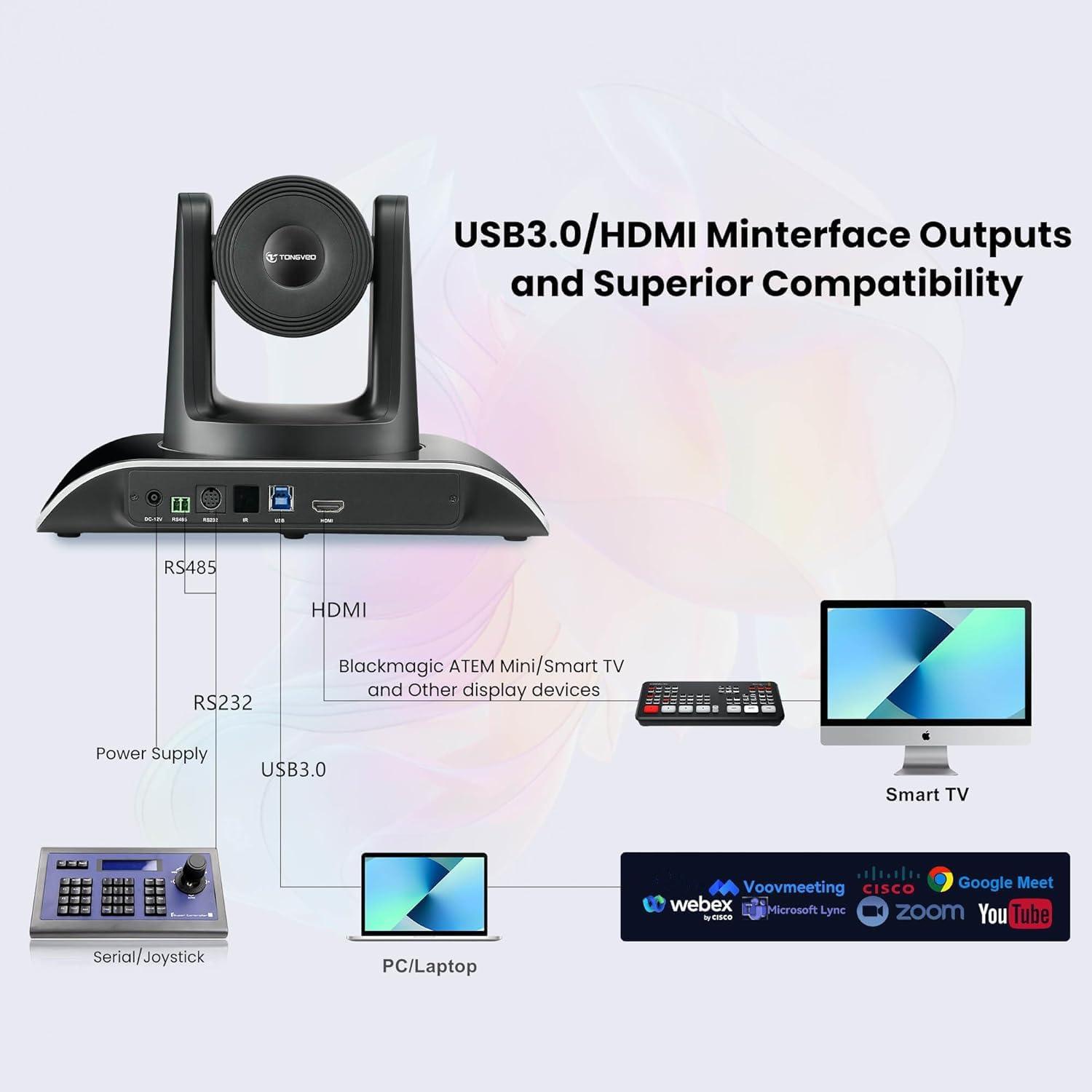 TONGVEO TONGVEO All-in-One Conference Room Video Camera System Bundle HD 1080P 60fps 3X Optical Zoom USB3.0 HDMI PTZ Camera and Bluetooth Conference Speakerphone with Microphones