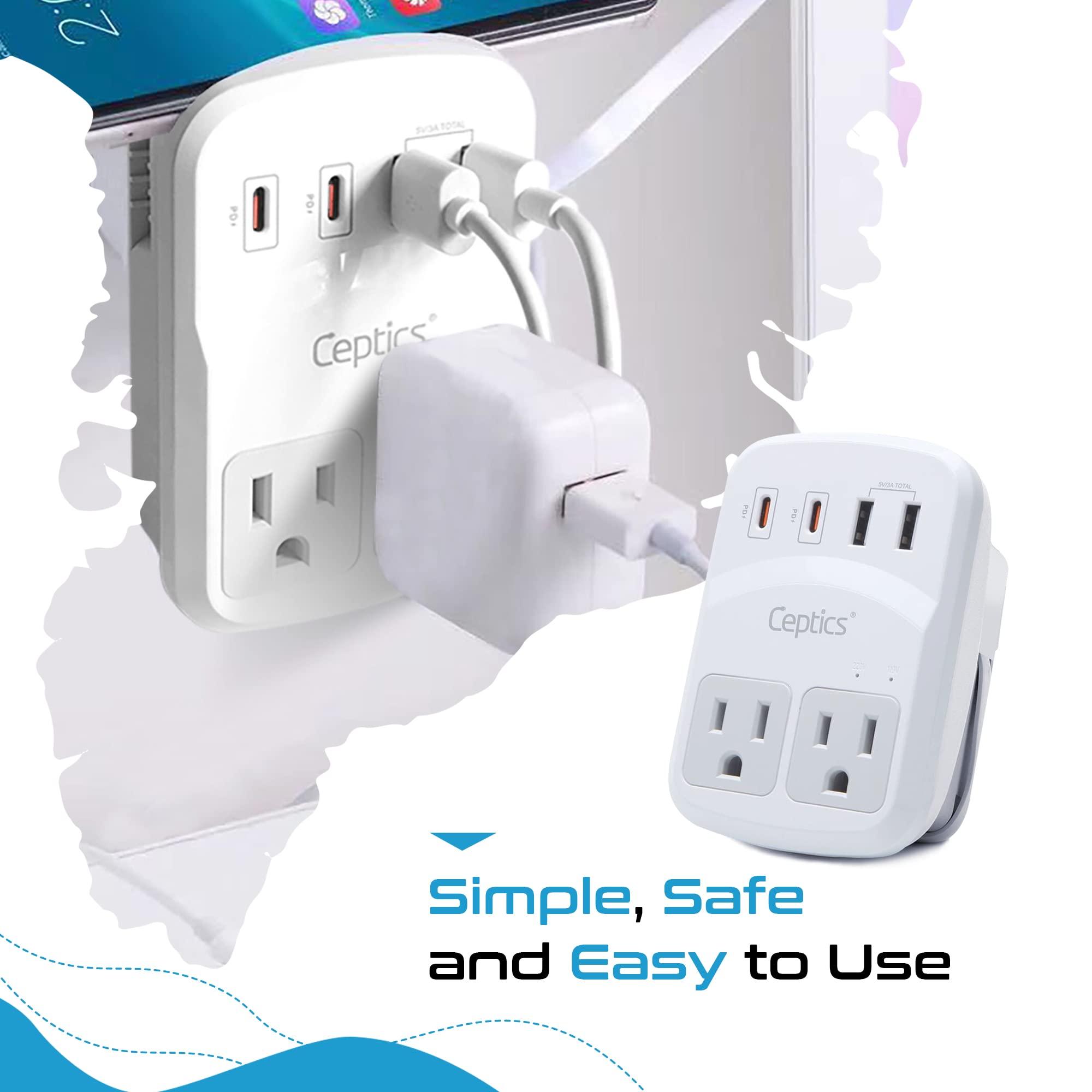 Ceptics Ceptics World Travel Adapter Kit 2 USB-A, USB-C US Outlets, 20W/QC 18W Power Delivery, Surge Protection, SWADAPT Compatible for Europe, UK, China, Australia, Japan Perfect Laptop (WPS-5B)