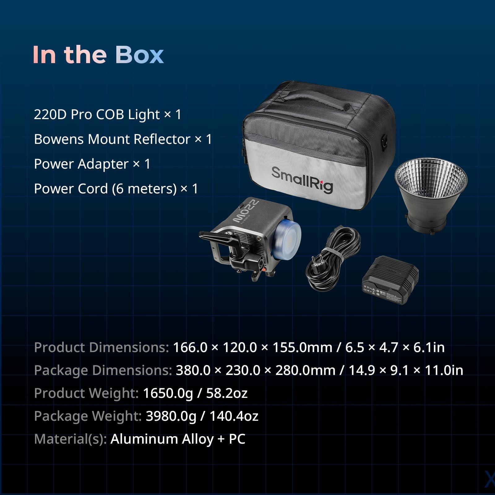 SMALLRIG SMALLRIG RC 220D Pro 220W COB Video Light, Daylight Continuous Output Light 5600K, CRI 95+, Modular Body Design Bowens Mount Light, Support 3 Power Supply Methods, App Control for Photography