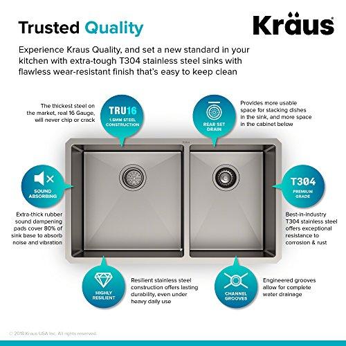 Kraus Kraus Standard PRO 33-Inch 16 Gauge Undermount 60/40 Double Bowl Stainless Steel Kitchen Sink, KHU103-33
