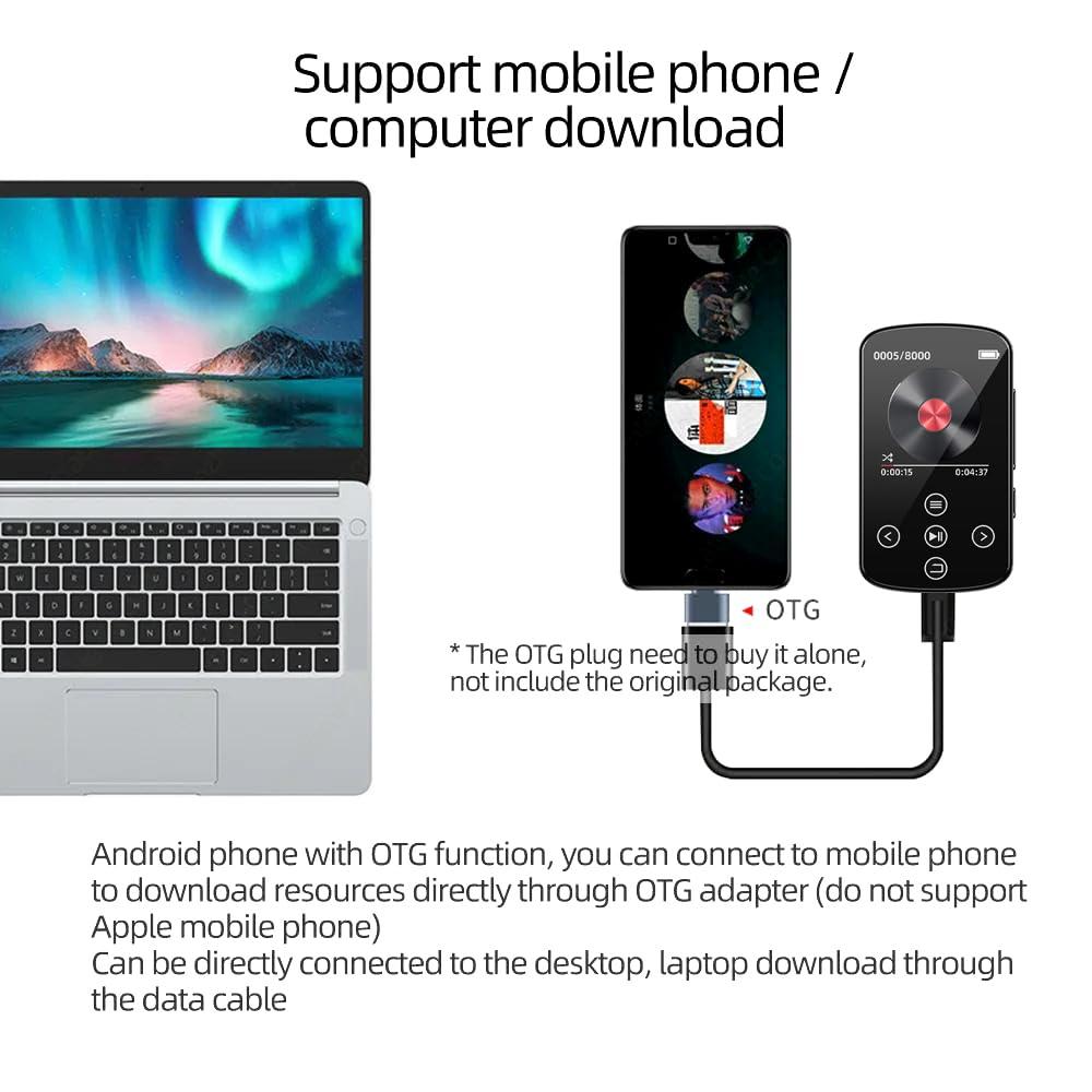 Docooler Docooler MP3 Player with Bluetooth 5.4, 1.5 Inch Colorful Screen with Sensitive Touch Button, Hi-Fi Music MP3 Player with Clip Pedometer Voice Recorder, Support TF Card, for Sports, Running - Black