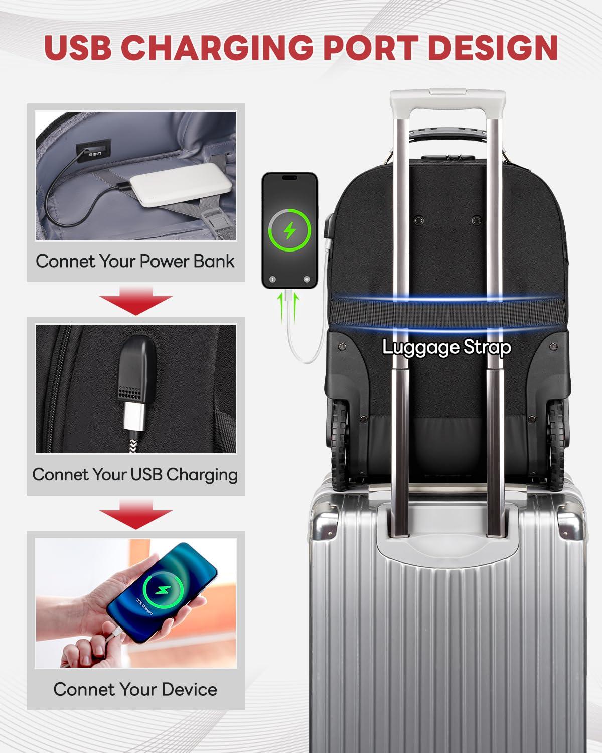 MATEIN MATEIN Rolling Bag with Wheels, 17 Inch Extra Large Laptop Roller Backpack for Adults with Anti Theft Lock & USB Charging Port, Water Resistant Wheeled Bag Carry On Luggage for Teacher Work Travel Men