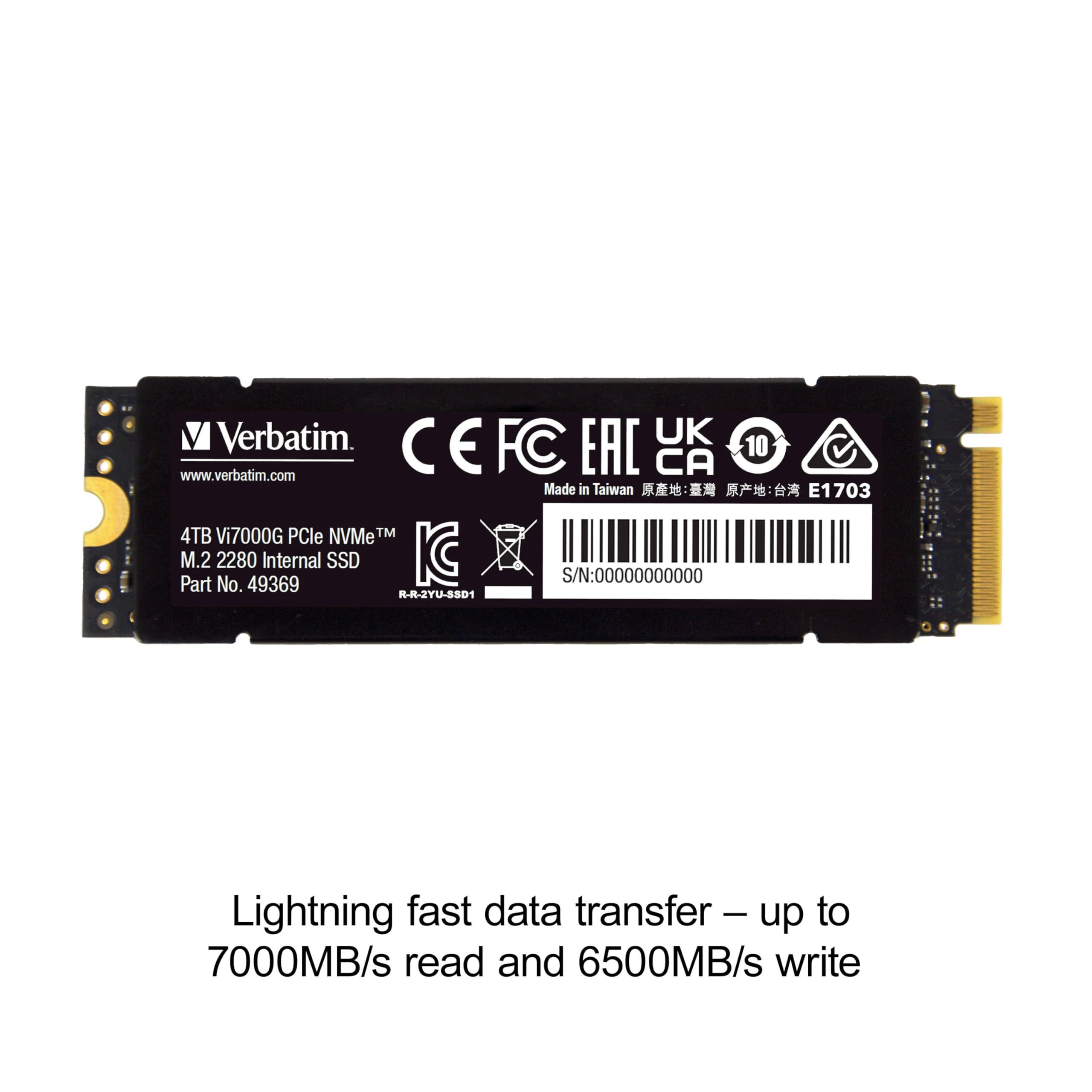 Verbatim Verbatim 2TB SSD Vi7000 Internal Solid State Hard Drive PCIe NVMe M.2 2280 Designed for Gamers and High Performance Users up to 7000MB/s Read 6500MB/s Write