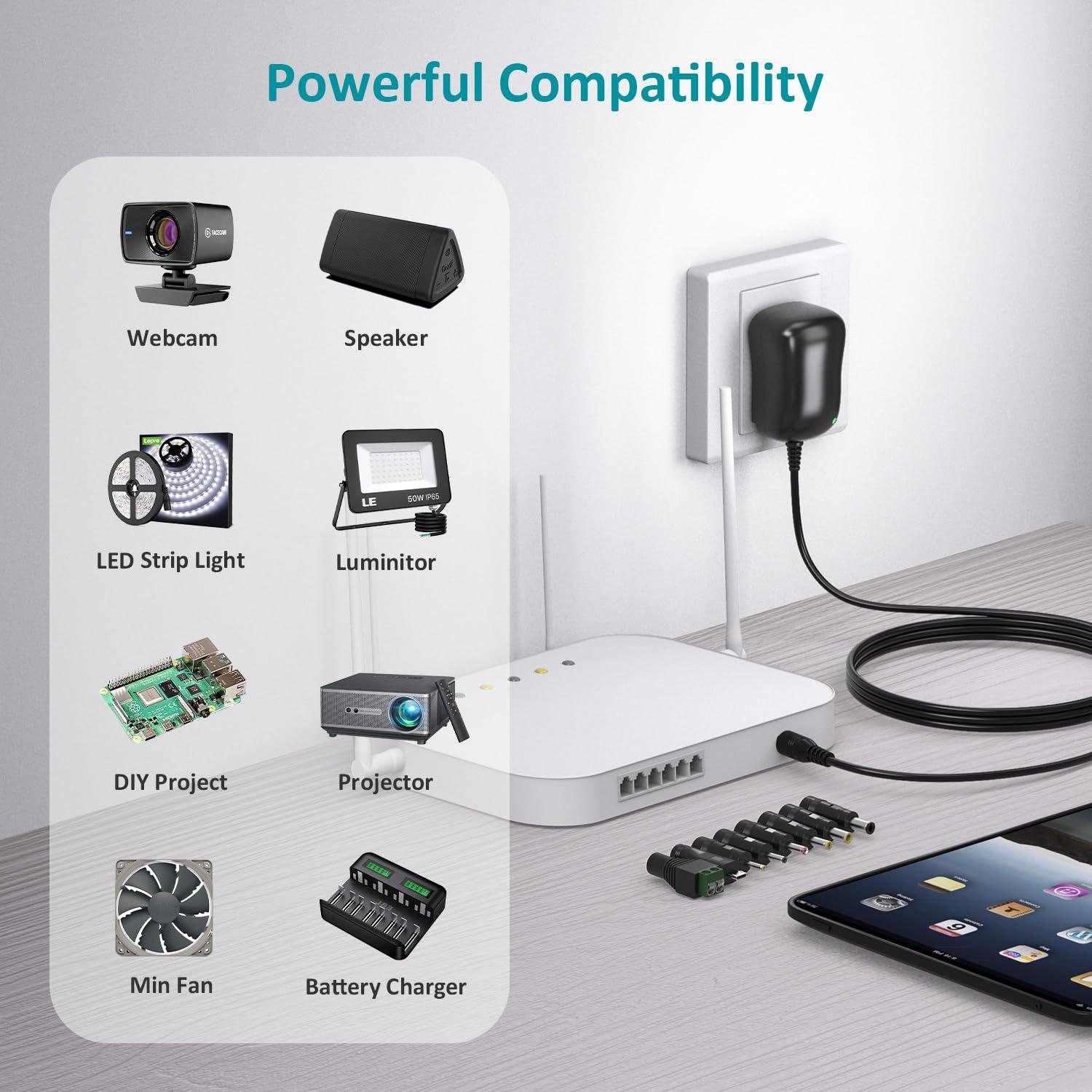 Basicvolt Basicvolt 12W Universal Power Supply 12V 9V 7.5V 6V 5V 4.5V 3V 1A AC to DC Adapter for Led Strip Router Speaker CCTV Camera Tablet Radio 3 to 12 Volts 1000mA Switching Power Supply with 8 Tips