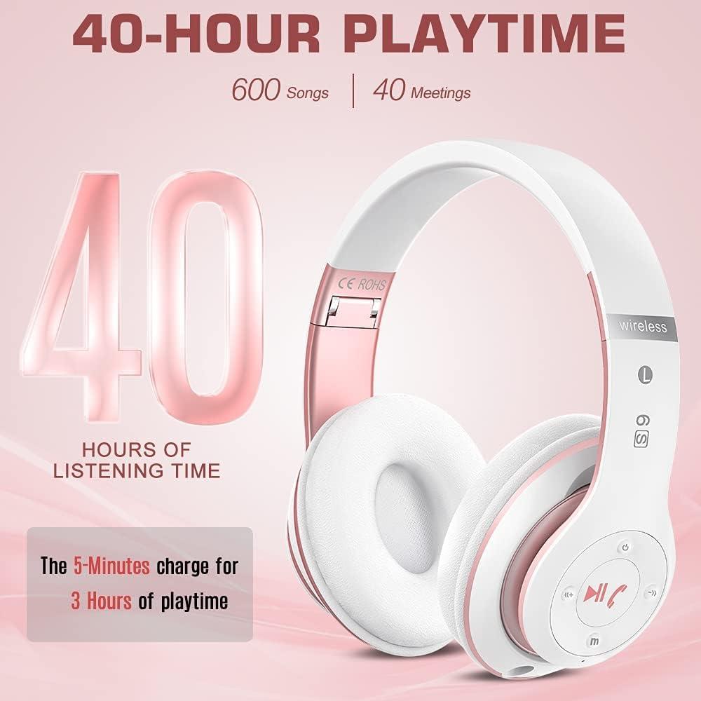PRTUKYT PRTUKYT 6S Wireless Bluetooth Headphones Over Ear, Hi-Fi Stereo Foldable Wireless Stereo Headsets Earbuds with Built-in Mic, Volume Control, FM for Phone/PC (White & Rose Gold)