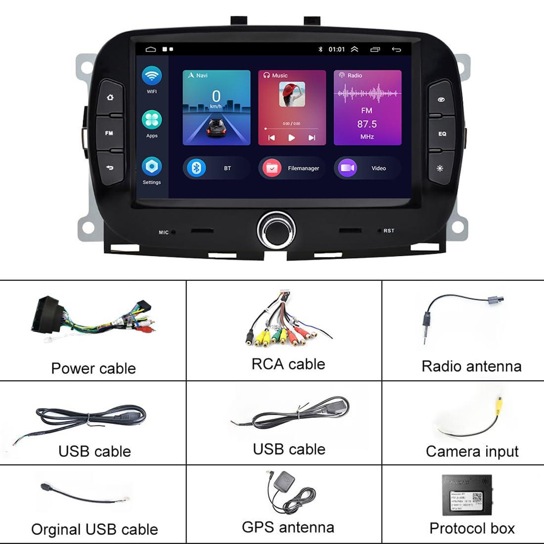 WEPARTICULAR Wireless Carplay Android Auto Car Stereo Compatible for Fiat 500 2016-2019 2Din 7'' Touch Screen 2+32G Android Car Radio Multimedia Player with RDS FM Mirror Link GPS WiFi BT DVR