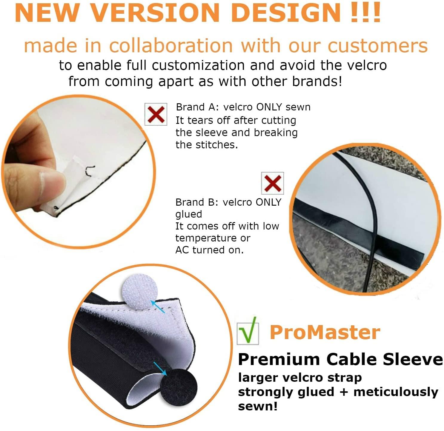 ProMaster Premium 120" Cable Management Sleeve, Best Cords Organizer for TV On Wall, Computer, Office, DIY Adjustable Reversible Black and White Neoprene Cord Hider Wire Cover Concealer Wrap with Free Zip Ties