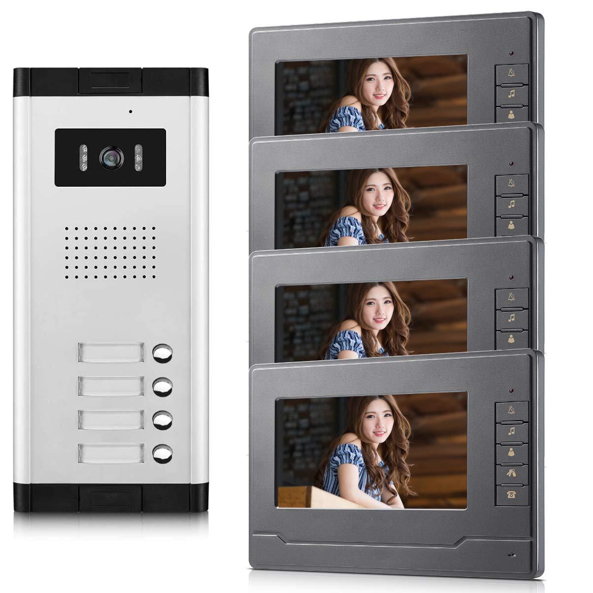 AMOCAM AMOCAM 4 Units Apartment Video Door Phone Kit, Video Intercom System Include 1 pcs Night Vision Camera, 4 pcs 7\" LCD Monitor Wired Video Doorbell System, Support Monitoring, Unlock, Dual Way intercom
