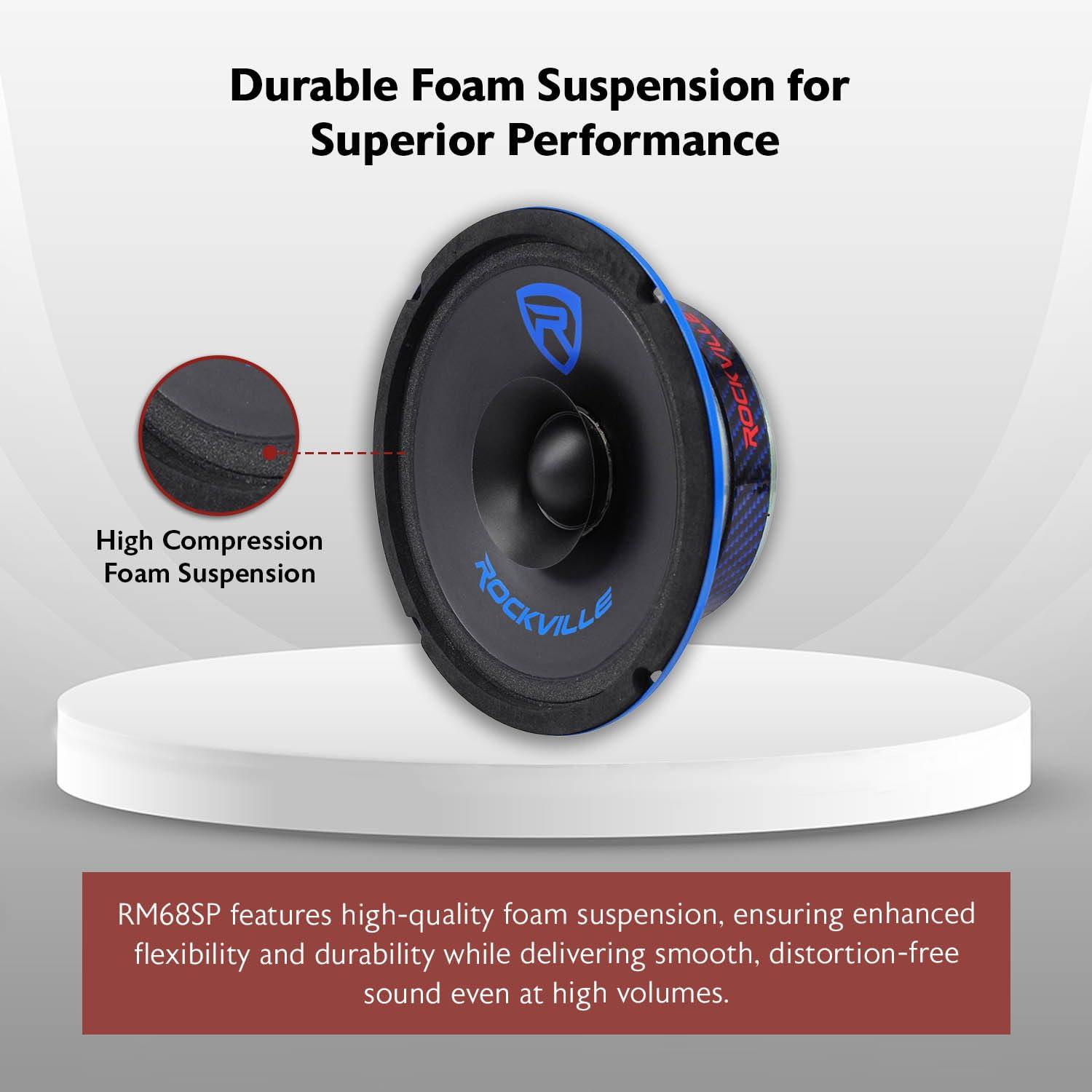 Rockville Rockville RM68SP Mid-Range Car Speaker, 6.5, 120W, 8 Ohm, Dual Cone, Kevlar, Foam Suspension, Bullet Phase Plug, CEA Compliant, Perfect for Car Audio