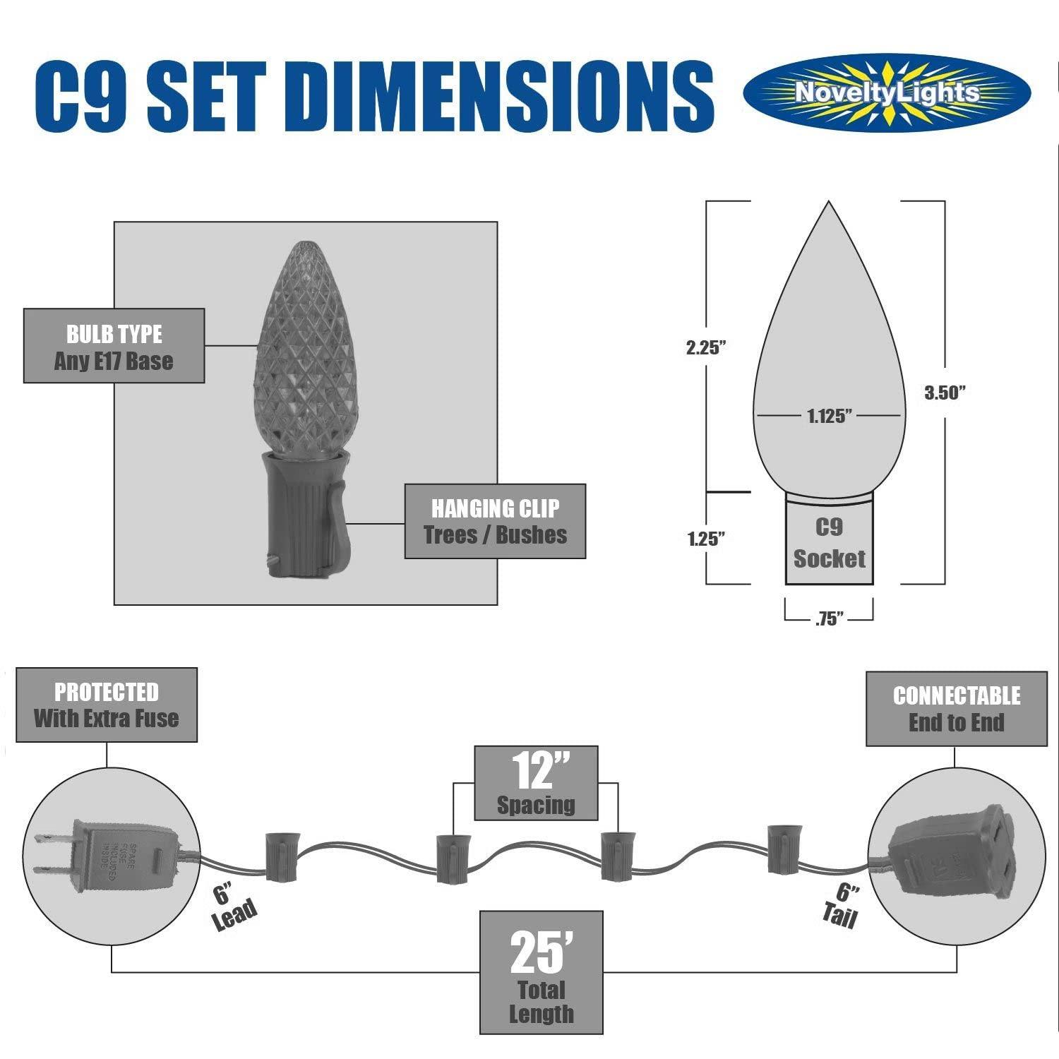 Novelty Lights 25 Foot C9 Multi Christmas String Light Set - Outdoor Christmas Light String - Opaque Christmas Bulbs - Roofline Light String Outdoor String Lights - Black Wire