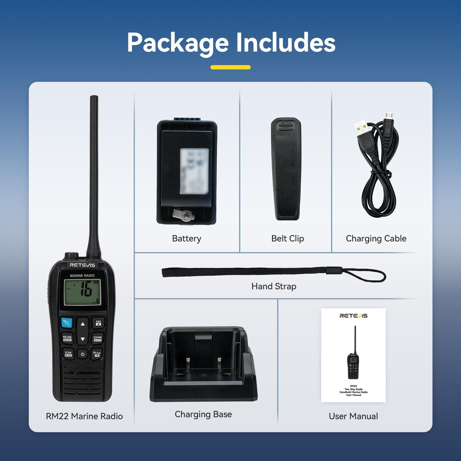 Retevis Retevis RM22 Marine Radio, IP67 Waterproof Handheld Floating Radio, High Power, Noise Cancelling Mic, Backlit LCD Display, NOAA Weather, 2200mAh Battery, USB Charging, Boat Radios(1 Pack)
