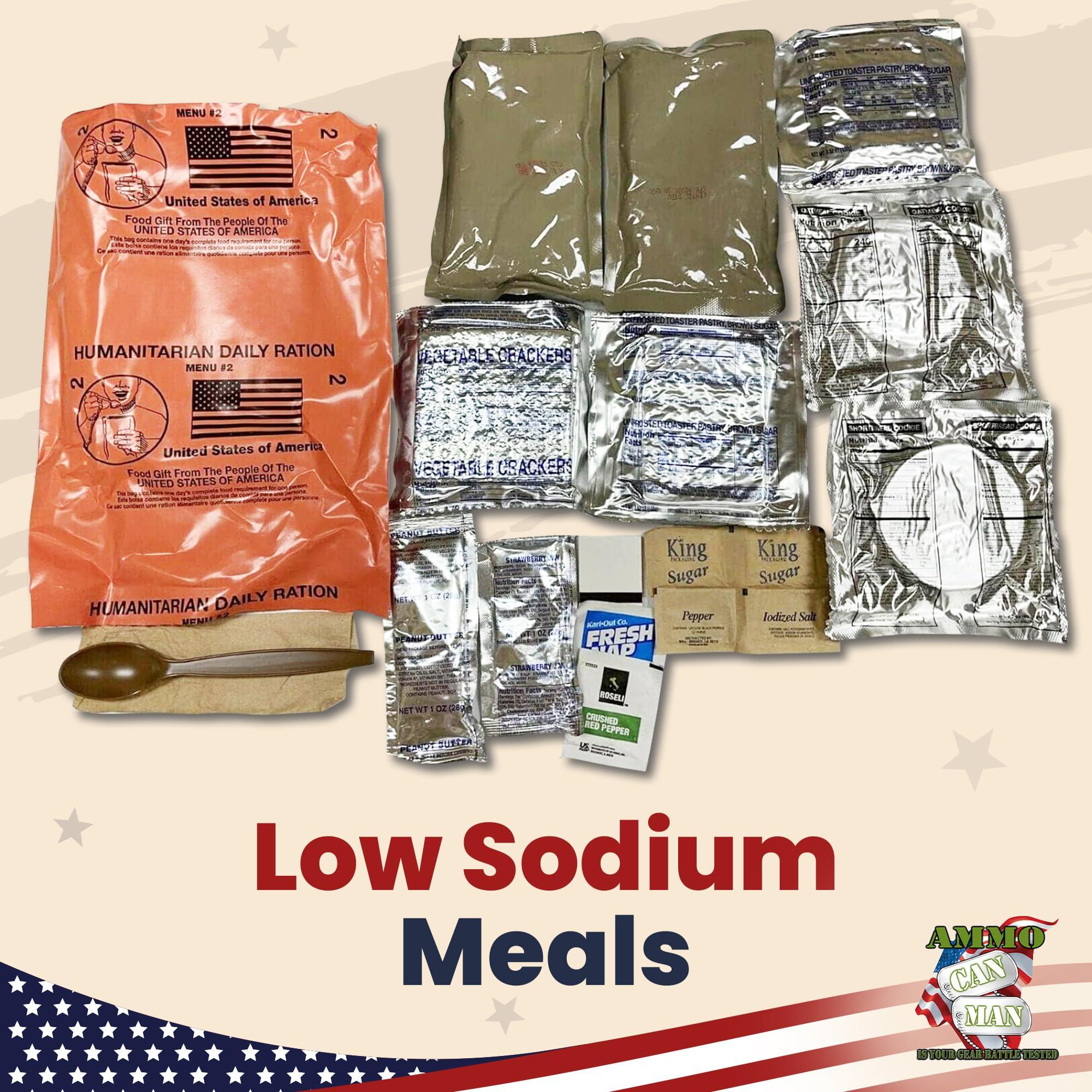 Ammo Can Man Humanitarian Daily Ration MRE Case 5 US FEMA Emergency rations MRE Varieties - Low Sodium Pre cooked w/Entree, Side Dishes for Hunting, Camping & More, 10 pack, Inspection Date 1/2024 or Better.
