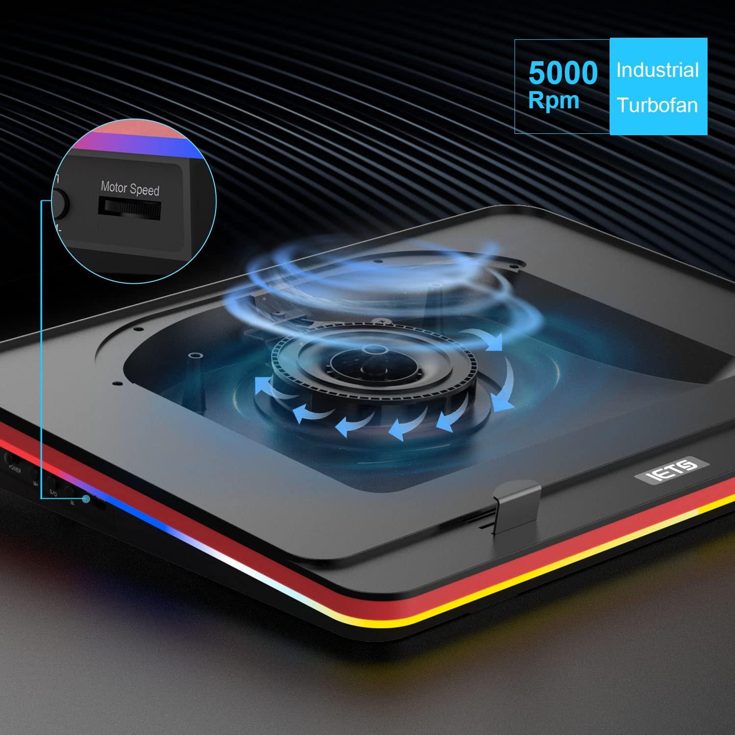 IETS IETS GT500 Powerful Turbo-Fan (5000 RPM) RGB Laptop Cooling Pad with Infinitely Variable Speed,Seal Foam for Rapid Cooling Gaming Laptop,Dust Filter for Protect Laptop,13-17.3inch Laptop Cooler