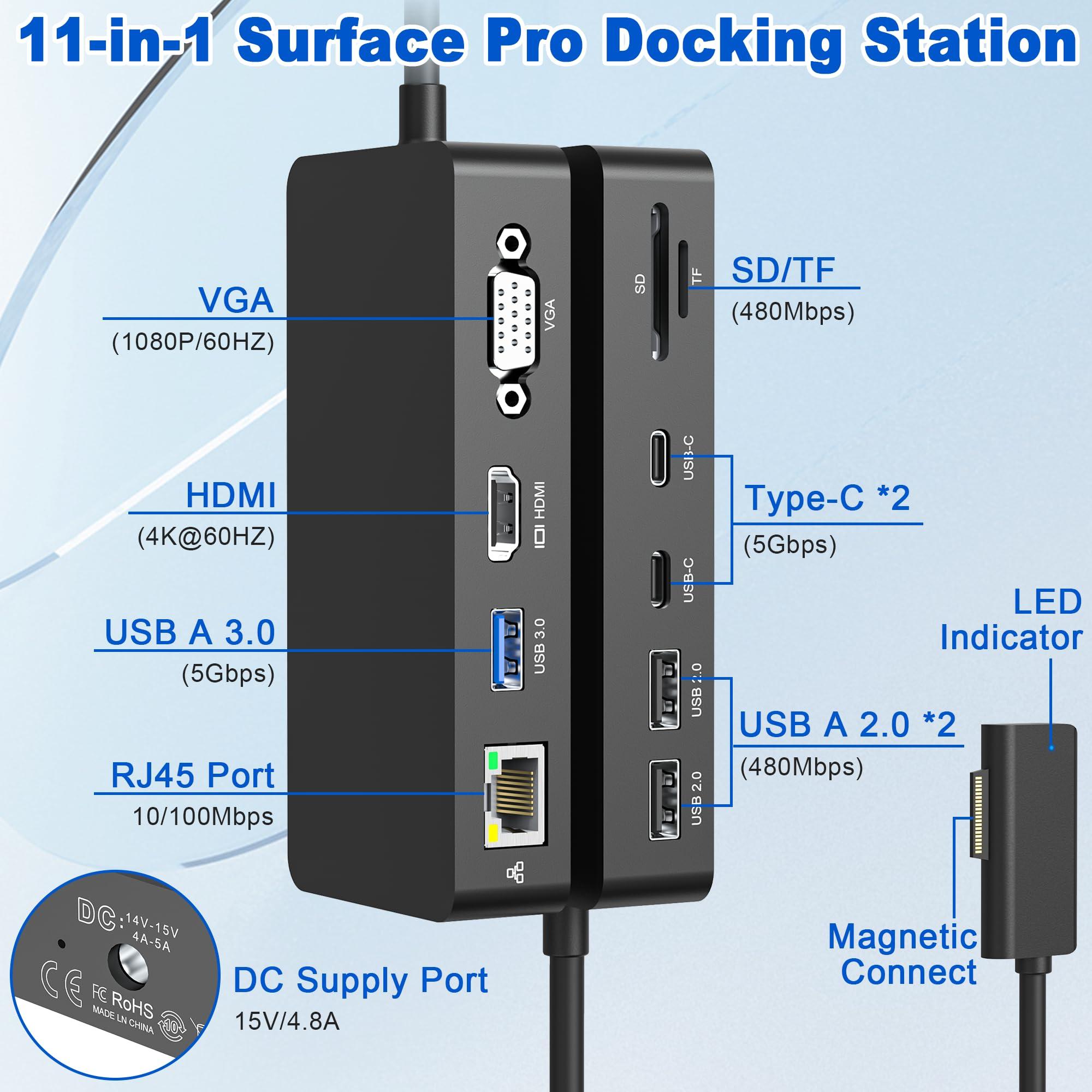 Rytaki New Microsoft Surface Dock Triple Display Dual 4K@60Hz HDMI+VGA, 11 in 1 Surface Docking Station for Surface Pro 10/9/X/8/7/6/5/4/3, Surface Laptop 6/5/4/3/2/1, Surface Laptop Go 3/2/1, Surface Book