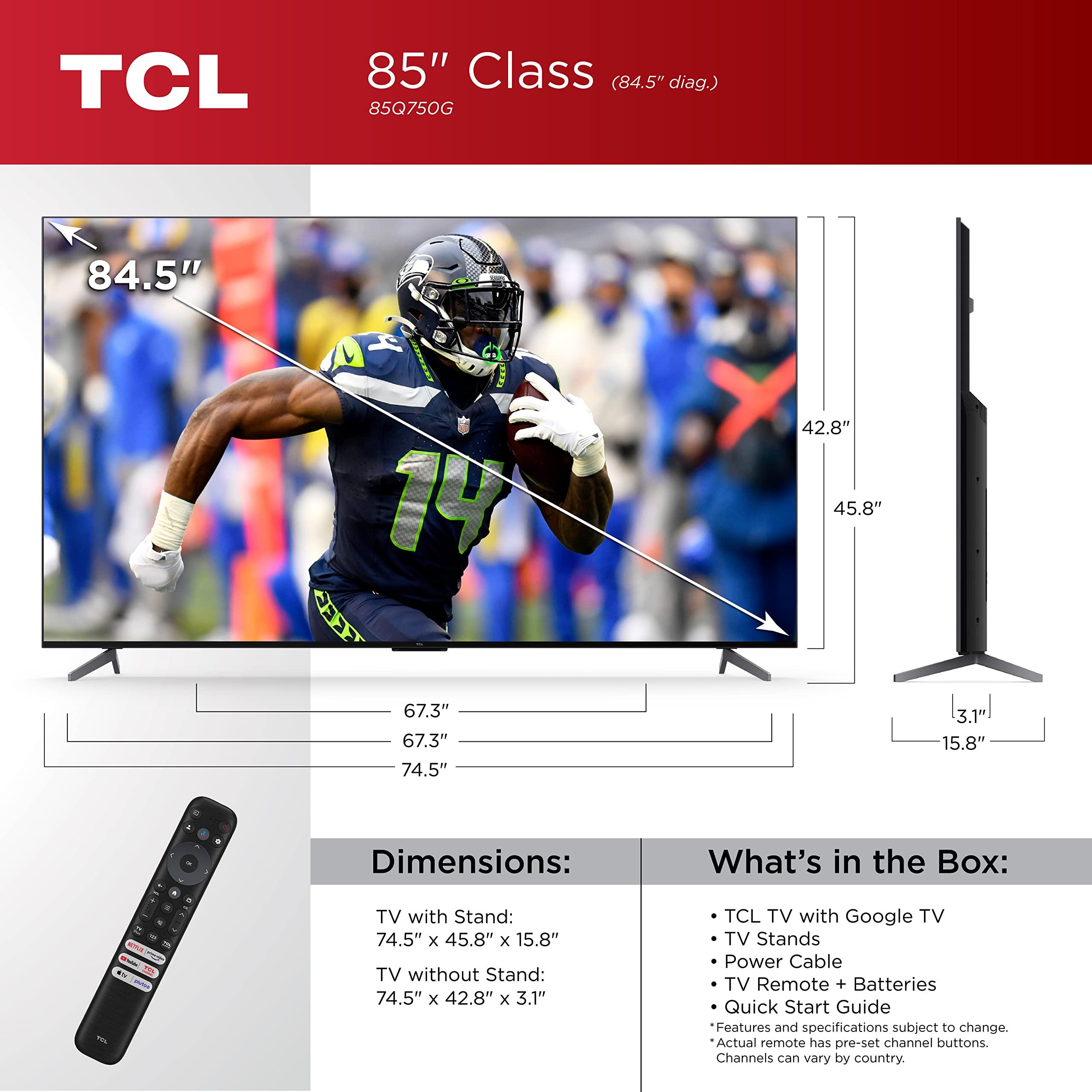 TCL TCL 85-Inch Q7 QLED 4K Smart TV with Google (85Q750G, 2023 Model) Dolby Vision, Atmos, HDR Ultra, 120Hz, Game Accelerator up to 240Hz, Voice Remote, Works Alexa, Streaming UHD Television