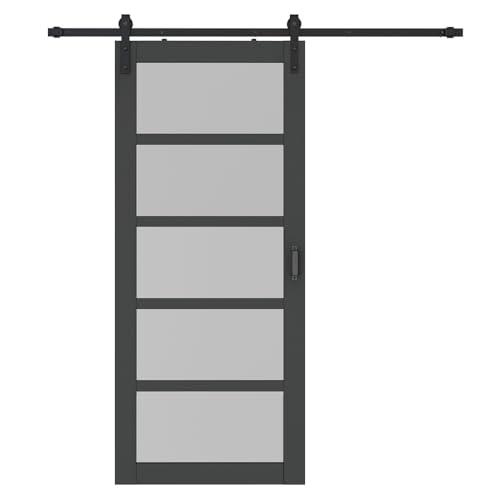CALHOME Calhome 36 in. x 84 in. 5 Lite Pre Assembled Frosted Glass Black MDF Interior Sliding Barn Door with Hardware Kit Door Handle