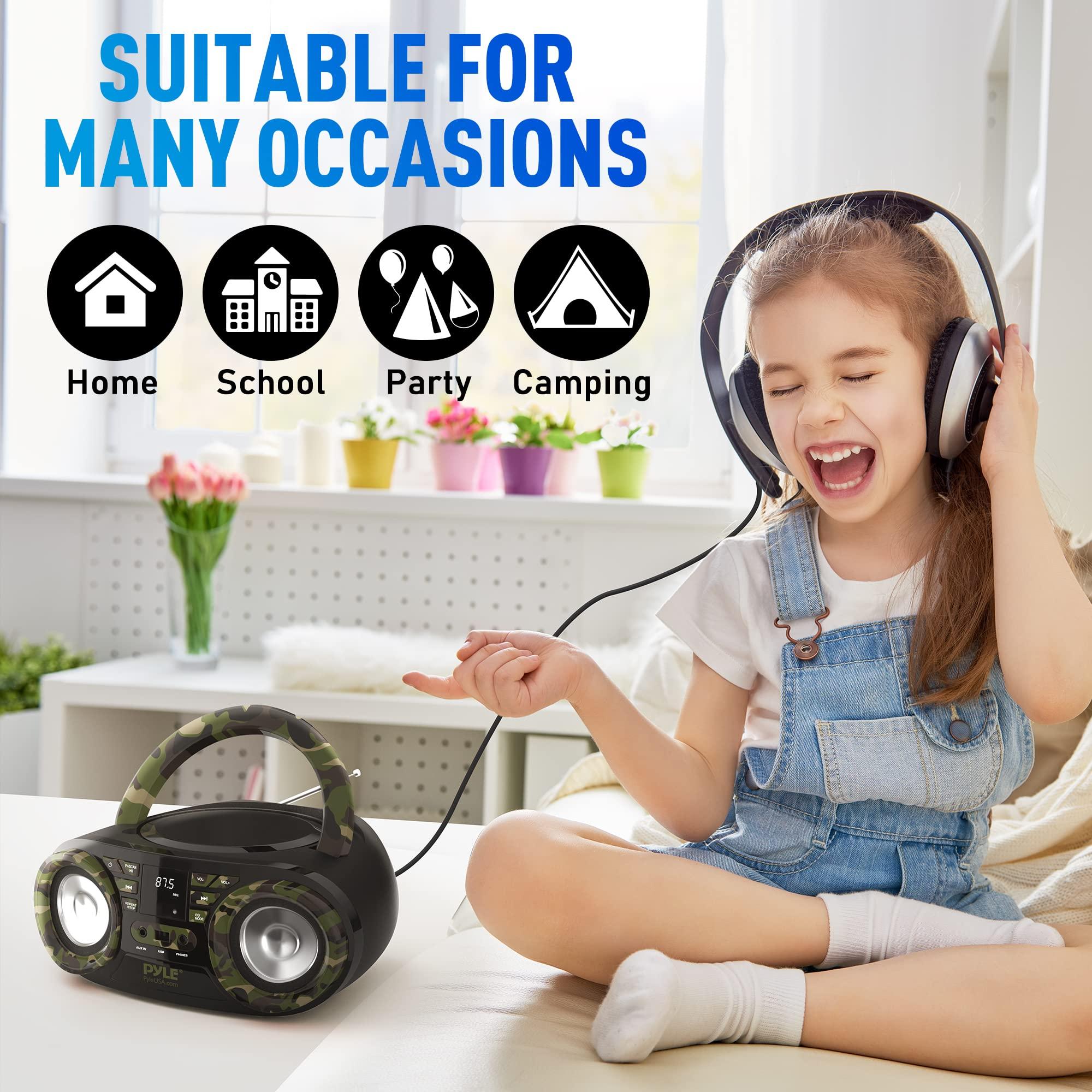 Pyle Pyle Portable CD Player Bluetooth Boombox Speaker - AM/FM Stereo Radio & Audio Sound, Supports CD-R-RW/MP3/WMA, USB, AUX, Headphone, LED Display, AC/Battery Powered, Camouflage - Pyle PHCD55.5