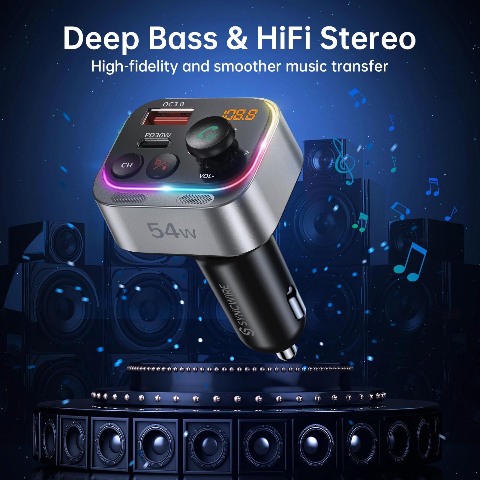 SYNCWIRE Syncwire Bluetooth 5.4 FM Transmitter Car Adapter 54W (PD 36W & 18W) [Stronger Dual Mics] [Light Switch] [HiFi Bass Sound] [Fast Charging] Wireless Radio Receiver Hands-Free Calling LED Display