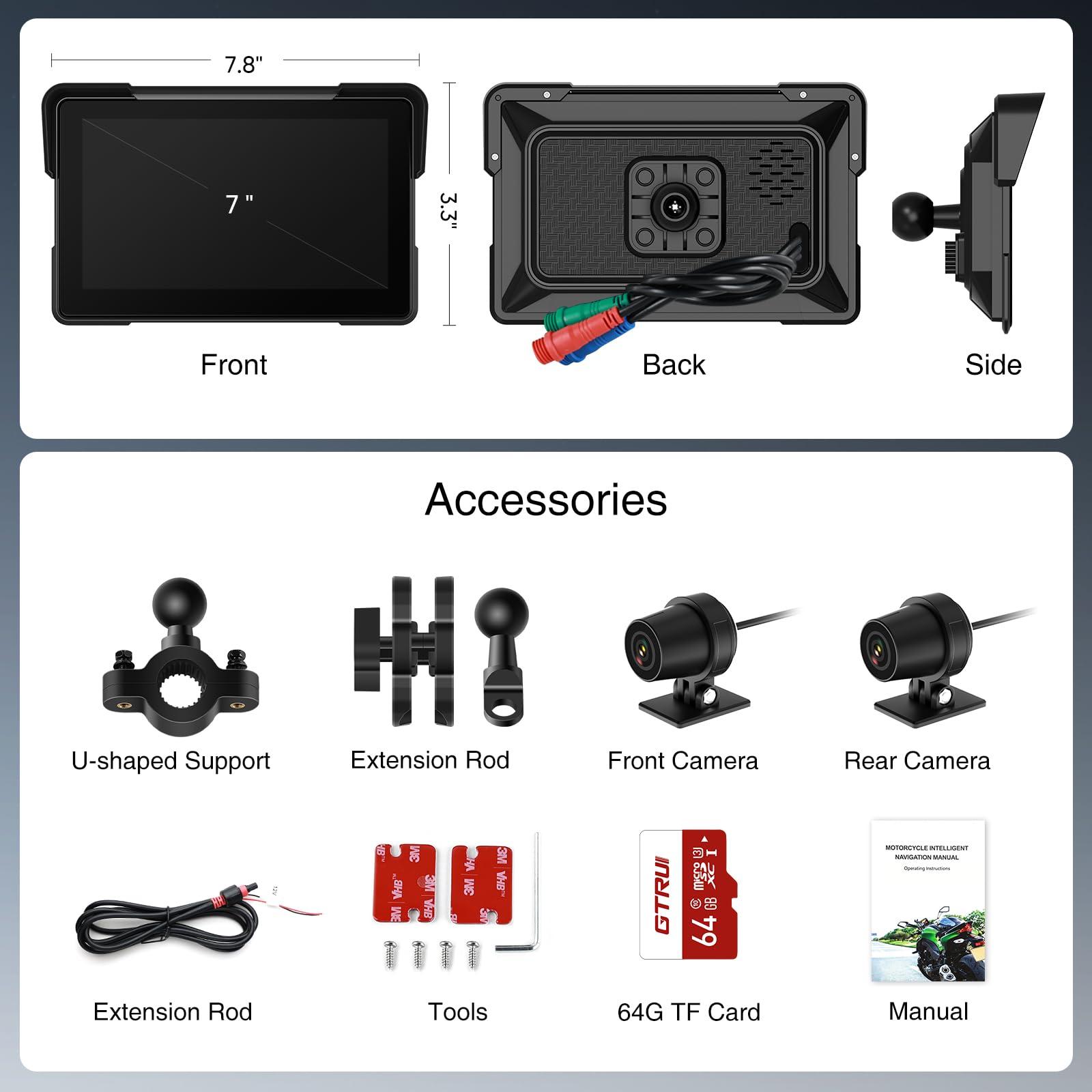 GTRUI 7 Inch Portable CarPlay for Motorcycle, Waterproof Touchscreen Wireless Car Play Android Auto Screen GPS Navigation for Motorbike, Siri Voice Control Dual Bluetooth TF-64G (M570 w/Cameras)