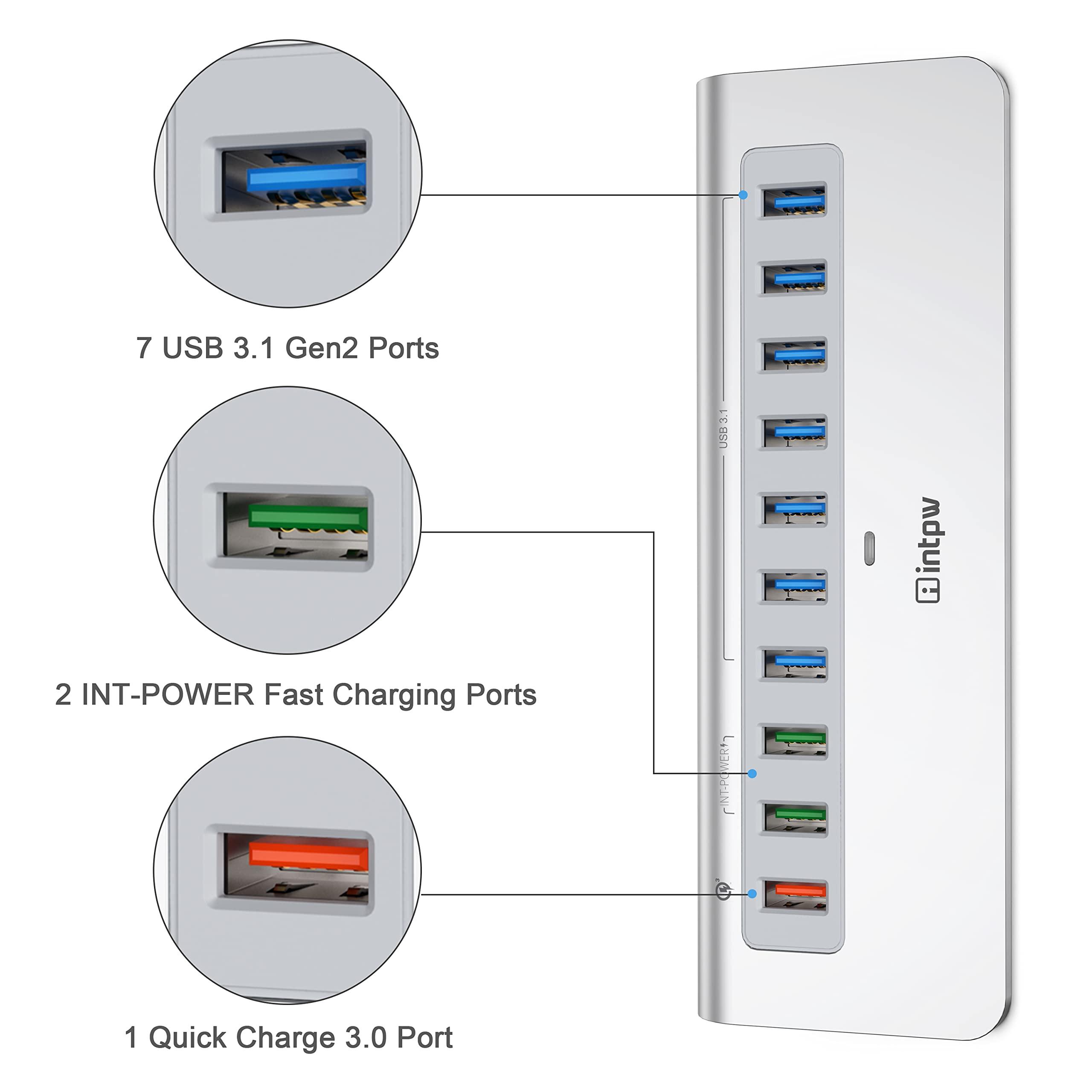 intpw Powered USB Hub 10Gbps, 10 Port USB 3.1 Gen 2 Hub with 7 USB 3.1 Data Ports, 3 Fast Charging Ports, 36W Power Adapter, Type A and Type C Cable, Aluminum USB Data Hub for Mac, PC, Laptop