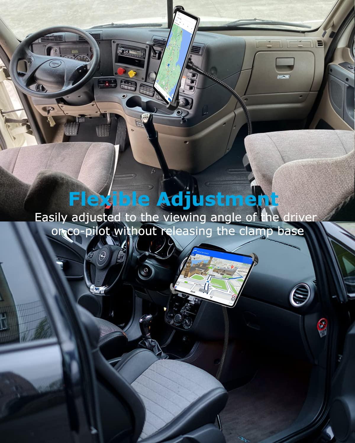 woleyi Car Seat Rail Tablet Mount for Truck, Aluminum Gooseneck Car Floor Bolt Tablet Holder Camera Clamp with 1/4'' Screw Adapter for Taxi, Van, Vehicle, Semi, SUV for iPad Pro/Air, Tabs, Gopro (9.5-14.5)