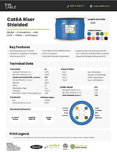 TRUE CABLE trueCABLE Cat6A Shielded Riser (CMR), 1000ft, Orange, 23AWG Solid Bare Copper, 750MHz, PoE++ (4PPoE), ETL Listed, Overall Aluminum Foil Shield (F/UTP), Bulk Ethernet Cable