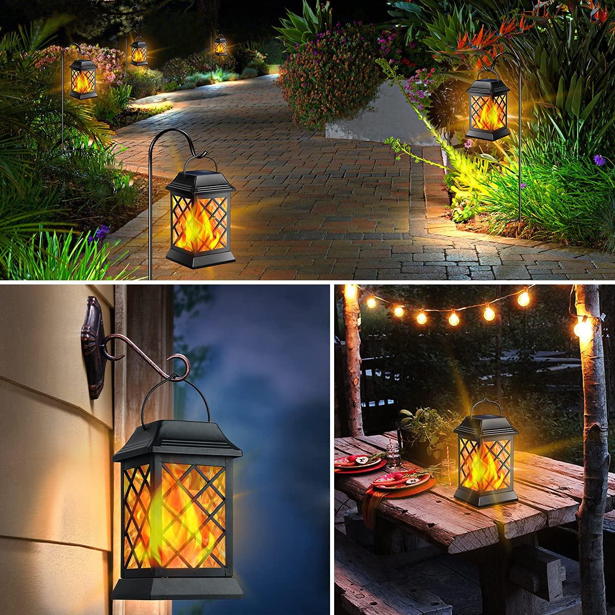 TomCare TomCare Solar Lights Outdoor Flickering Flame Metal Solar Lantern Outdoor Hanging Decorative Lanterns Heavy Duty Waterproof Umbrella Decorations Lighting for Patio Garden Deck Yard, 2 Pack (Black)
