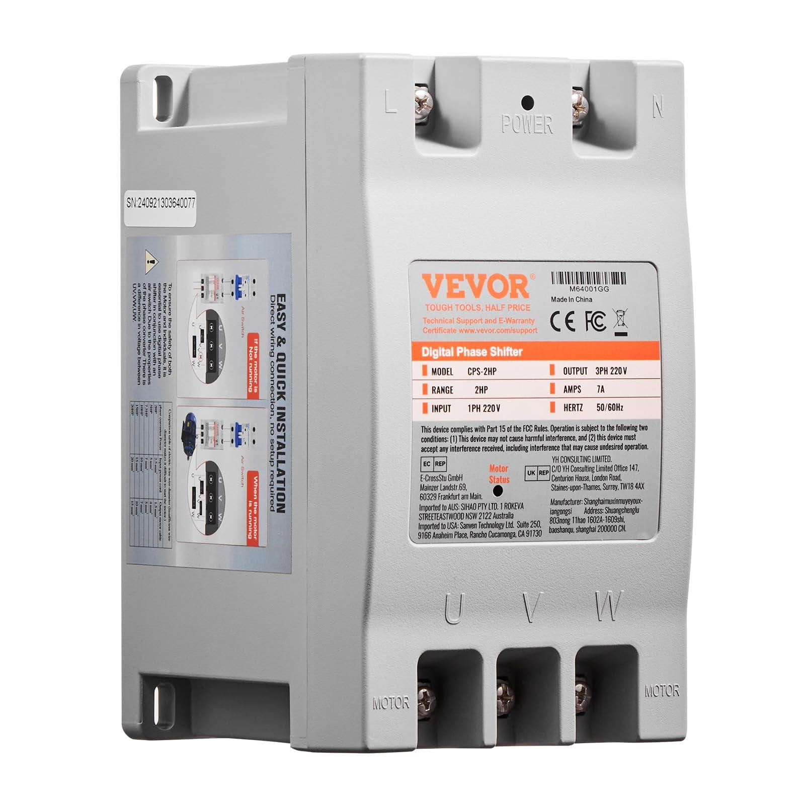 VEVOR VEVOR 3 Phase Converter - 2HP 7A 220V Single Phase to 3 Phase Converter, 220V Input/Output, Digital Phase Shifter for Residential & Light Commercial Use (One Converter for One Motor Only)