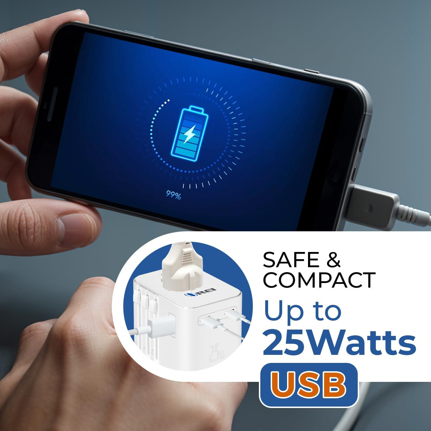 OREI OREI World Travel Plug Adapter - 2 USB + 1 Universal Outlets - Slots for Europe, Asia, China, Japan, Africa - Perfect for Cell Phones, Tablets, Cameras and More