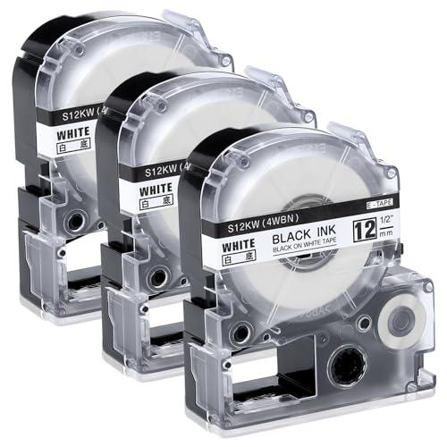 AONOMI Aonomi Replace for Epson Label Maker Tape 12mm Tape LK-4WBN LC-4WBN 4WBN9 SS12KW LK Tape 1/2\" 0.47\" Label Compatible with Epson LabelWorks LW-400 LW-300 LW-PX400 LW-C610PX,Black on White,3-Pack