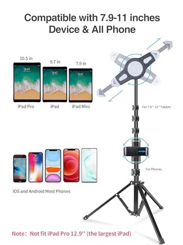 elitehood elitehood iPad Tripod Stand, Aluminum Alloy iPad Stand, 360 Rotation Adjustable Height iPad Stand Holder for Floor, Universal Compatible with iPad Mini, iPad Air, iPad and All 7.9-11 Inch Tablet