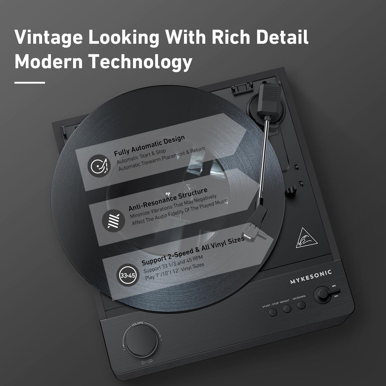 MYKESONIC MYKESONIC Fully Automatic Record Player, Bluetooth Belt Drive Vinyl Turntable, Magnetic AT-3600L Cartridge, Bluetooth in & Out, Hi-Fi Stereo Speakers, Aux in Headphone, RCA Out, Anti-Resonance - Black