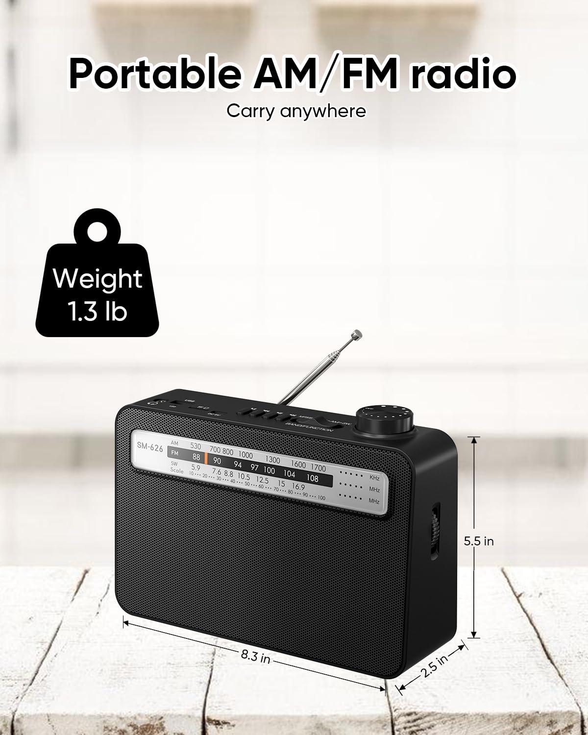 MIPDIIT MIPDIIT Portable AM FM Radio with Bluetooth Speaker, AC Plug in/USB C Rechargeable or D Battery Operated Transistor Radio, 5W Speaker, 3.5mm Earphone Jack, Support TF Card/USB Playing