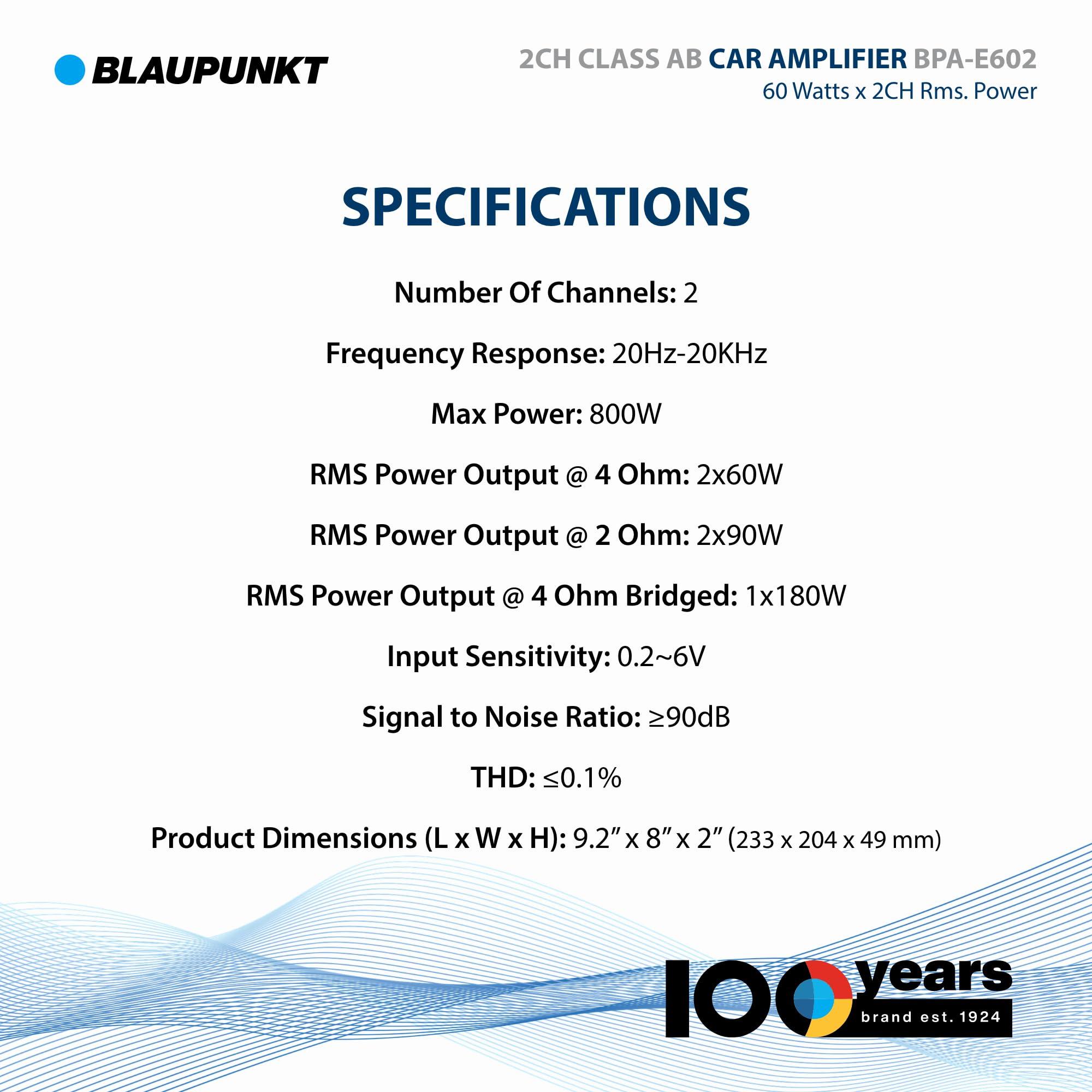 BLAUPUNKT BLAUPUNKT BPA-E602 2-Channel Class AB Car Amplifier - 800W Max Power, 180W RMS Bridged - Compact Design for Crystal-Clear Audio