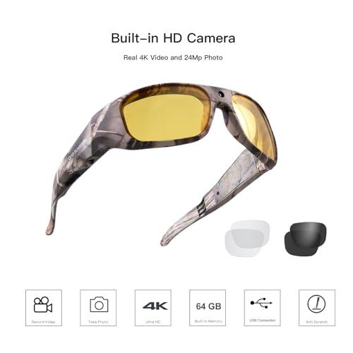 OhO sunshine OhO Camera Glasses,4K Pro 24M Resolution H.265 Smart Glasses with Built-in 64G Memory,UV400 Sunglasses in Camouflage for Hunting