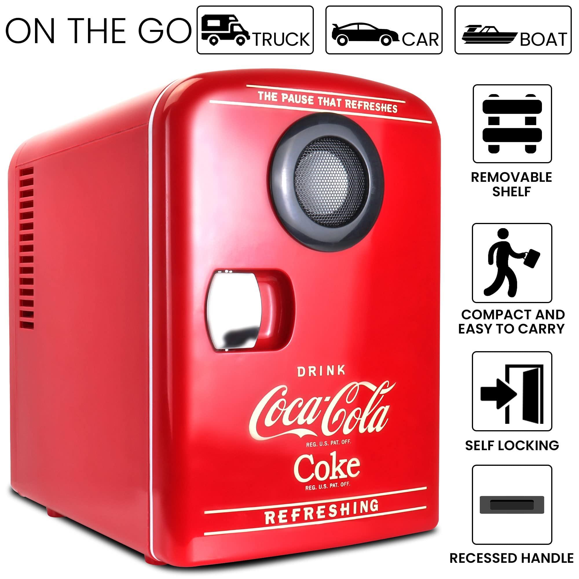 Koolatron Coca-Cola Bluetooth Mini Fridge with Speaker 4L Portable Cooler/Warmer for Home Car RV Iconic Red Design Holds 6 Cans Dual Power Thermoelectric Technology Perfect for Travel and Parties