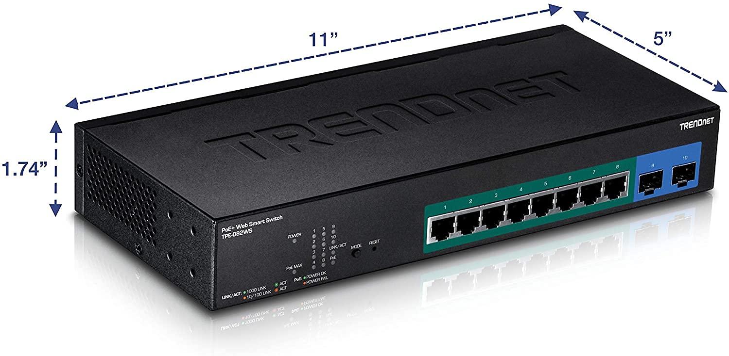 TRENDnet TRENDnet 10-Port Gigabit Web Smart PoE+ Switch, 8 x Gigabit PoE+ Ports, 2 x SFP Slots, Vlan, QoS, IPv6 Support, 20Gbps Switching Capacity, 75W PoE Power Budget, Lifetime Protection, Black, TPE-082WS