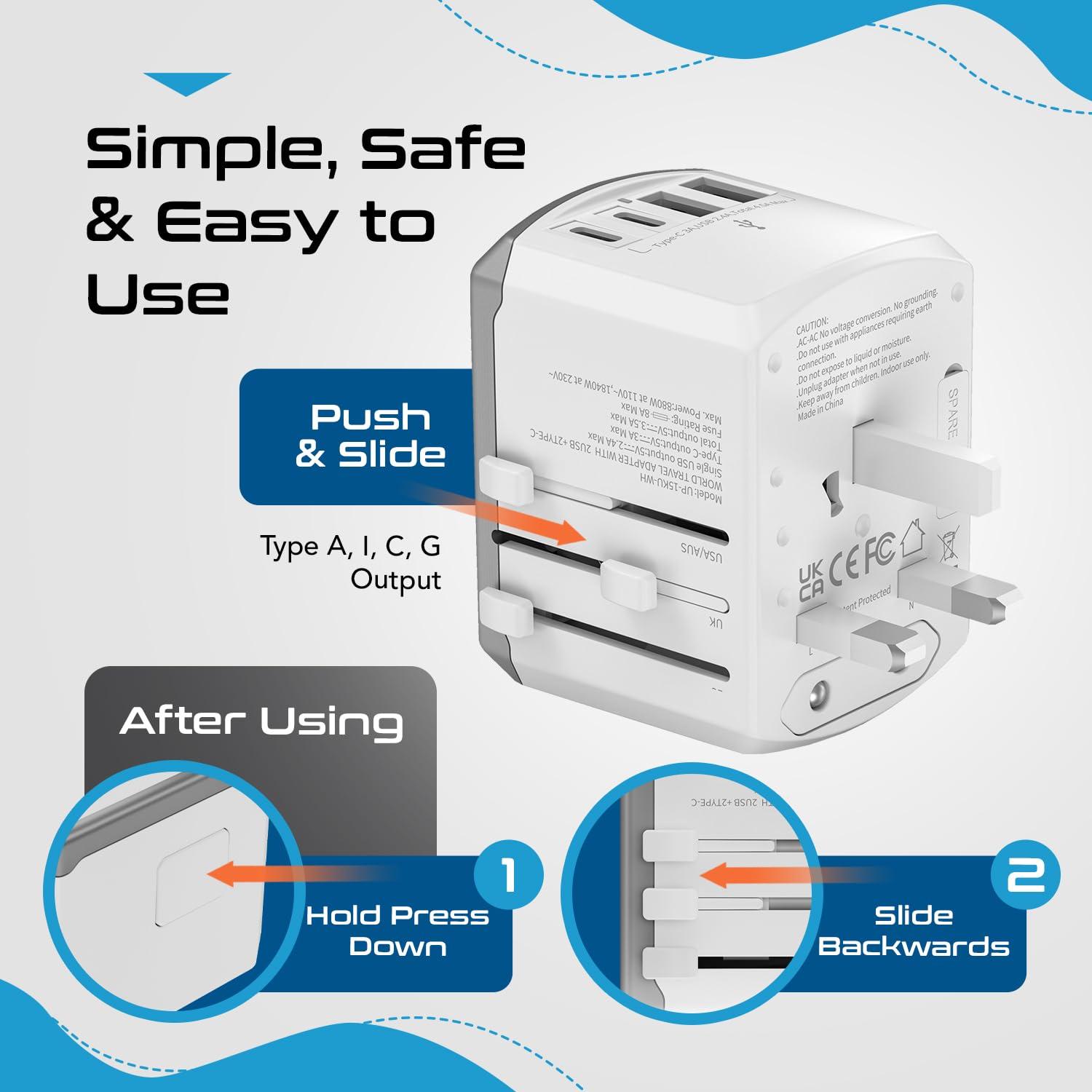 Ceptics Ceptics Universal Travel Adapter 17.5W, 5 in 1 Universal Laptop Charger with 2X USB-A & USB-C 3.5A for Mobiles, Laptops, Cameras US, UK, EU, AU, All in 1 Type A, C, G, I Output, White