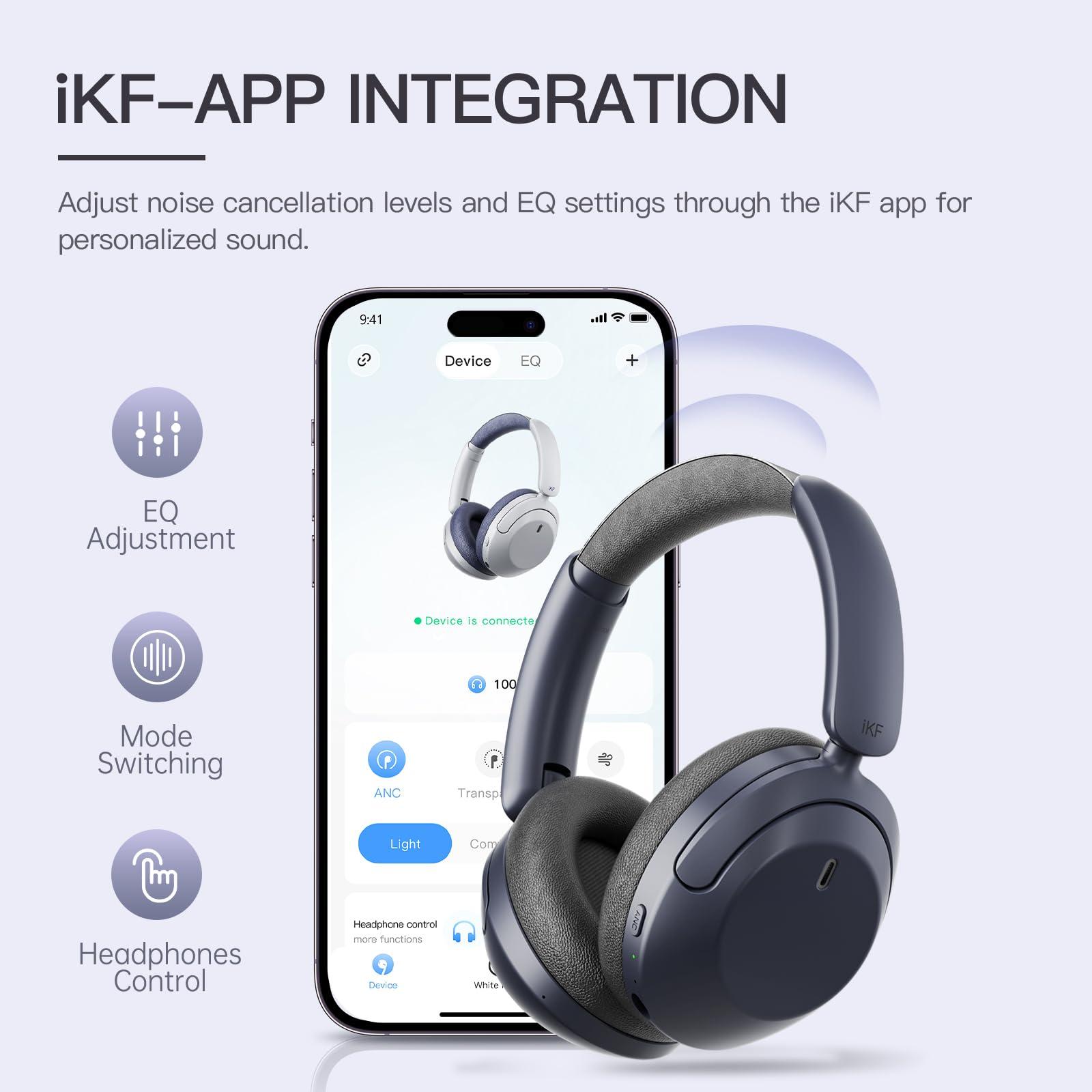 iKF iKF T3 Active Noise Cancelling HiFi Headphones with Hires, 125H Playtime, Bluetooth, Over-Ear, APP EQ Settings,Comfortable Ear Pads, and Multi-Device Connection Wired Headset for Work/Play