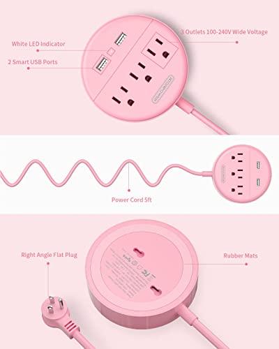 NTONPOWER Pink Extension Cord 15ft, NTONPOWER Flat Plug Power Strip with Long Extension Cord, 3 Outlet 2 USB Desktop Charging Station Wall Mount for Home, Dorm Room, Office and Nightstand, ETL Listed