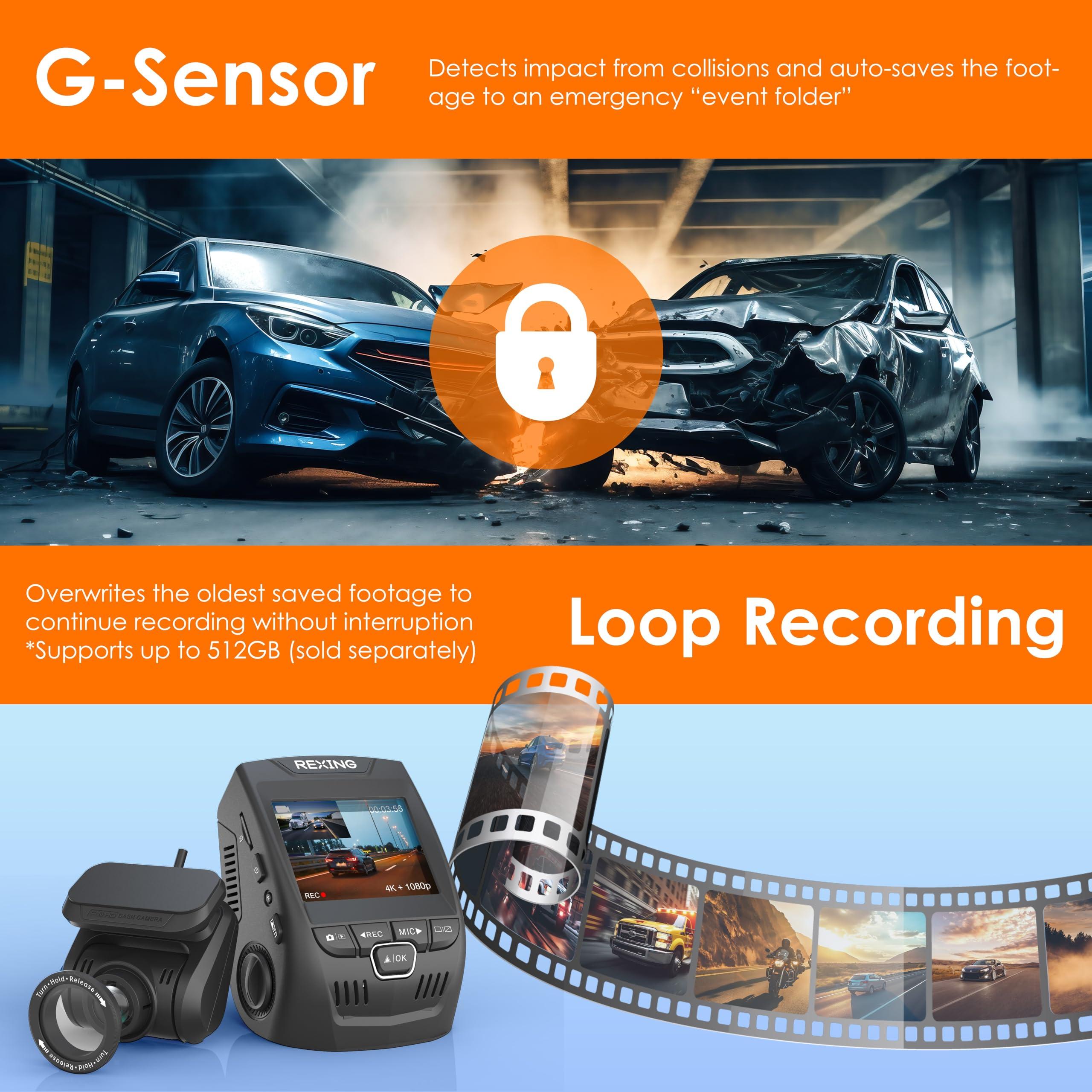 RexingUSA RexingUSA V1P SE 4K Dual Dash Cam w/GPS, Wi-Fi & 2pcs-CPL Filter | 512GB Support | Front 2160p, Rear 1080p | 170 Angle | G-Sensor | WDR | Loop Record | Parking Monitor | 64GB Memory Card Included