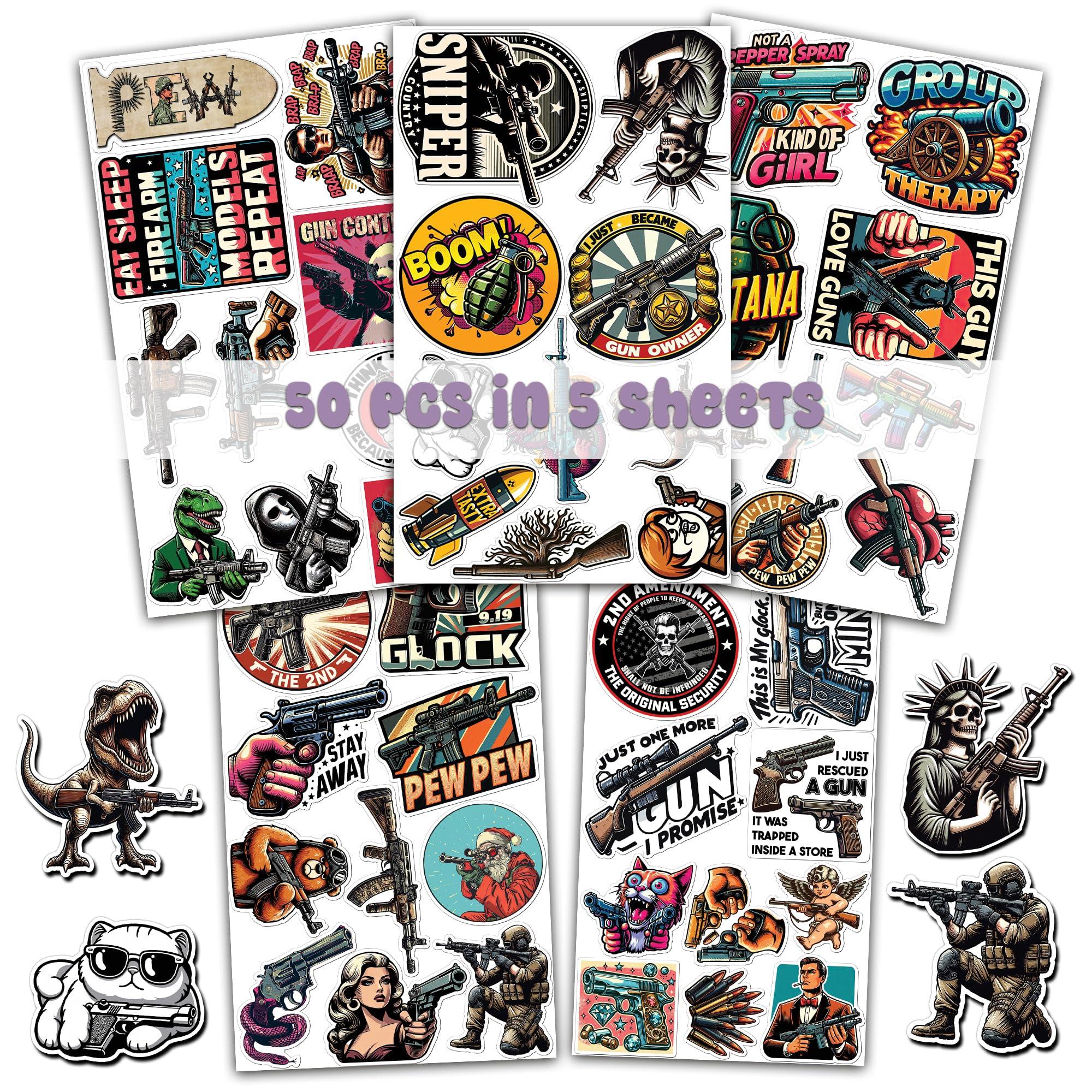 WESILY WESILY Pack 50 PCS Funny Gun Stickers Firearm Tactical Military Army Waterproof Vinyl Decals Small Bulk Set Guns and Ammo Sticker for Laptop Scrapbooks Bike Helmet